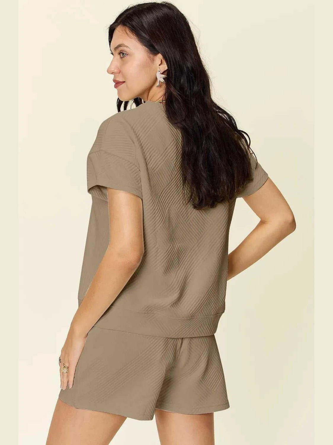 Double Take Full Size Texture Short Sleeve T-Shirt and Drawstring Shorts Set -- 