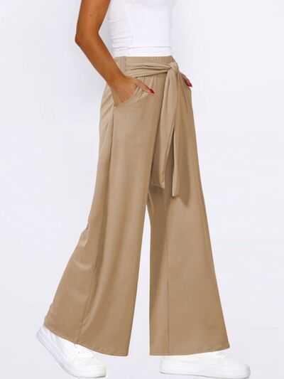 Tied Wide Leg Pants with Pockets -- 