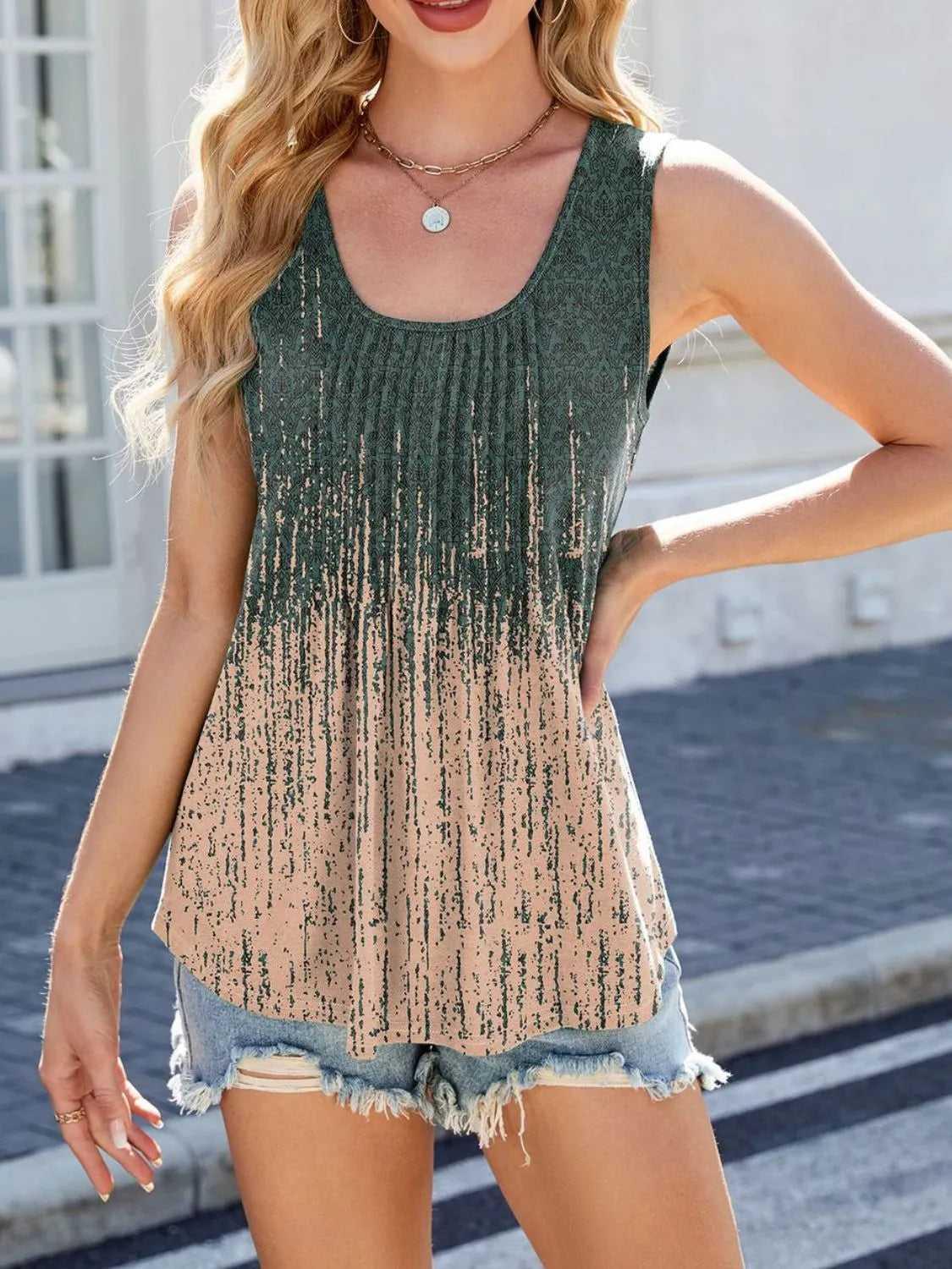 Printed Scoop Neck Wide Strap Tank -- 