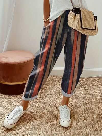 Striped Pocketed Elastic Waist Pants -- 