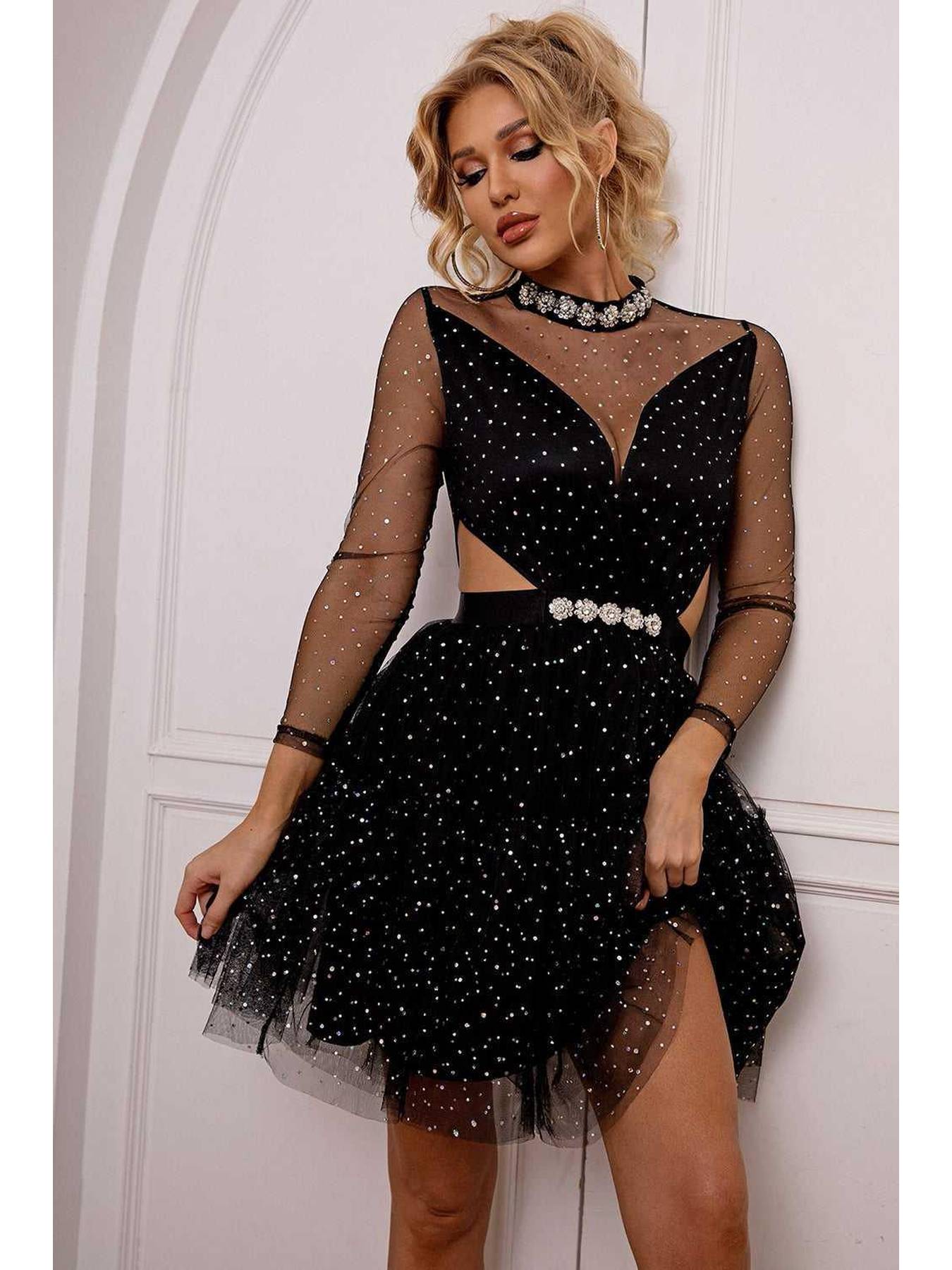 Cutout Mock Neck Mesh Dress -- 