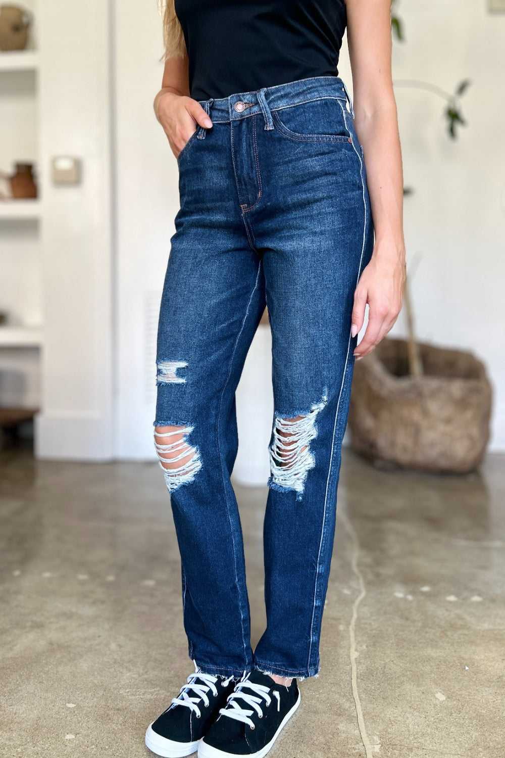 Judy Blue Full Size High Waist Rigid Magic Distress Straight Jeans