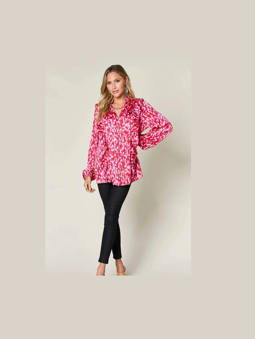 Double Take Full Size Printed Ruffle Trim Balloon Sleeve Shirt -- 