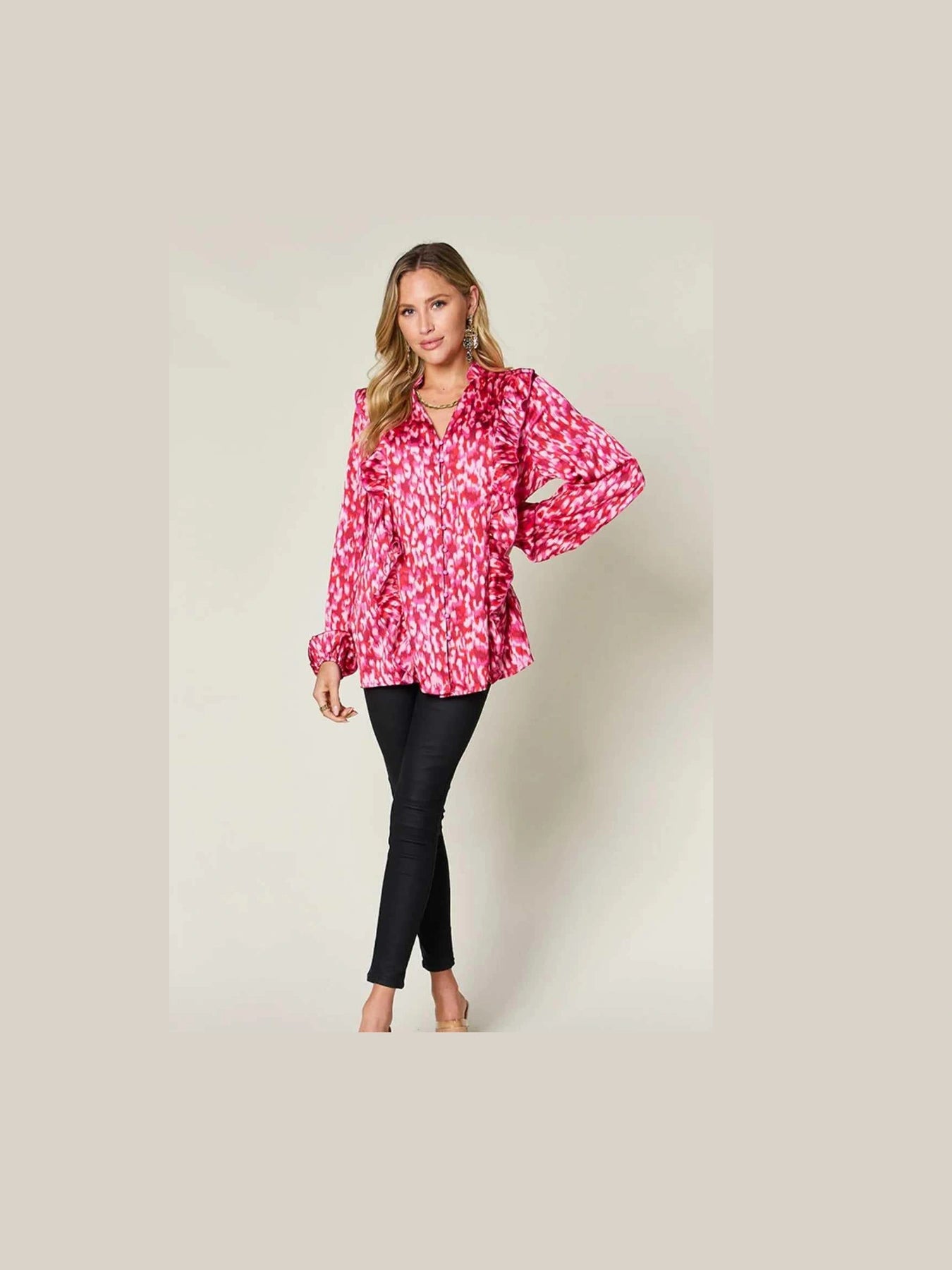 Double Take Full Size Printed Ruffle Trim Balloon Sleeve Shirt -- 