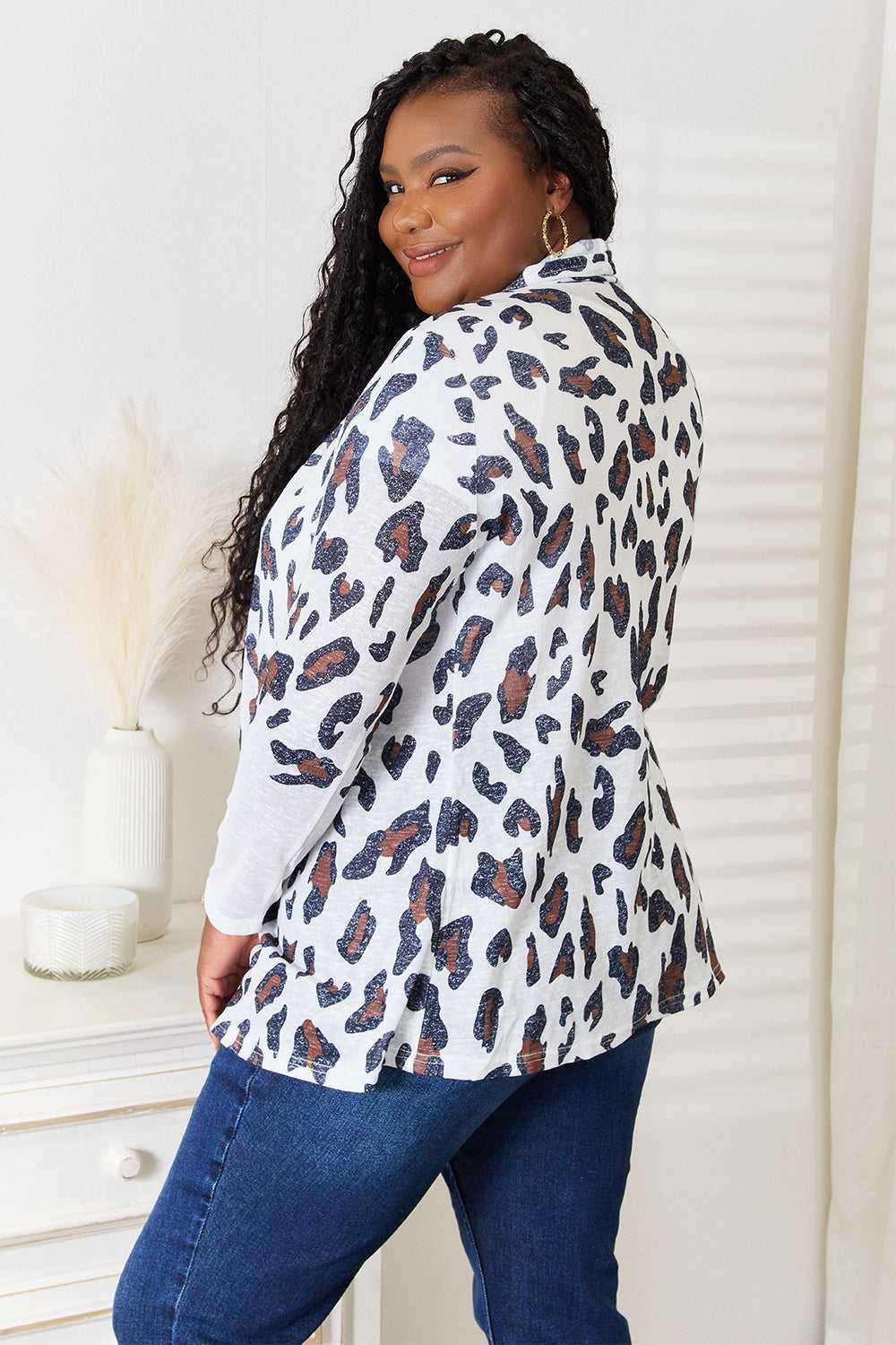 Double Take Leopard Long Sleeve Cardigan -- 