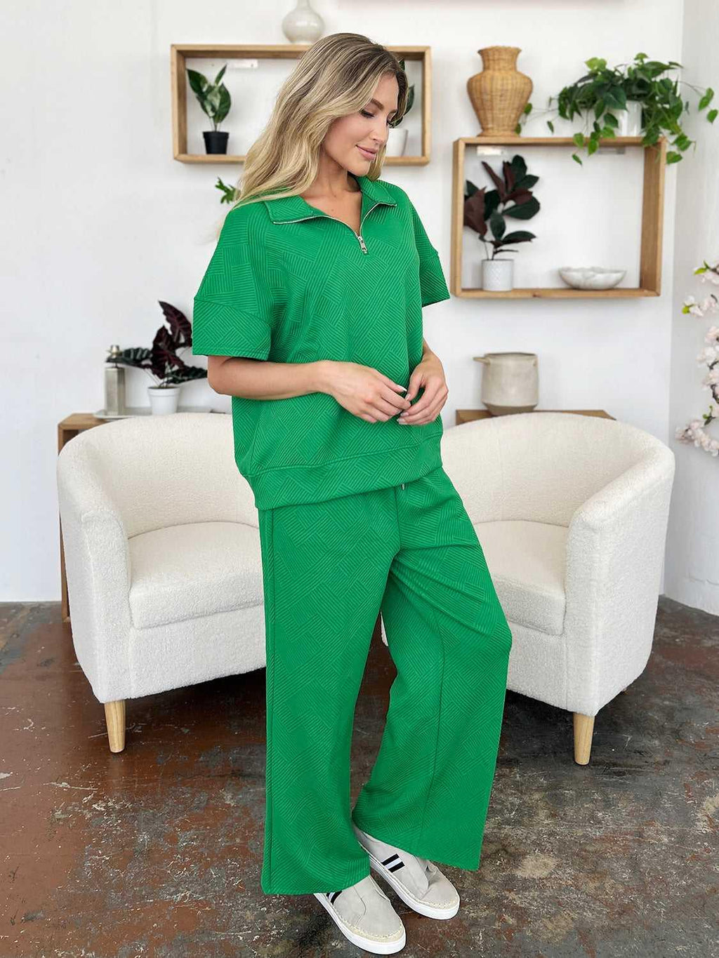 Double Take Full Size Texture Half Zip Short Sleeve Top and Pants Set -- 