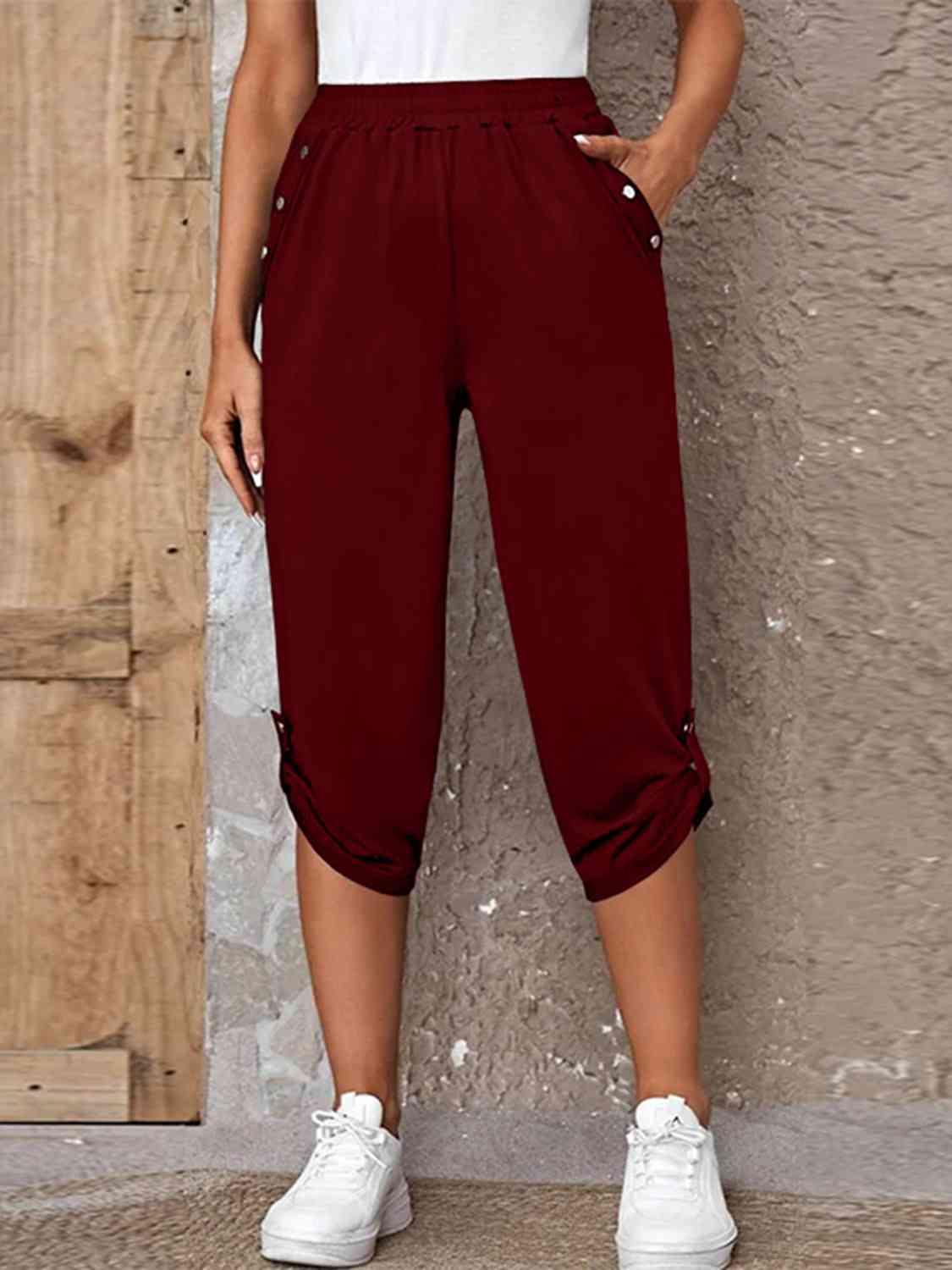 Full Size Roll-Tab Capris Pants -- 
