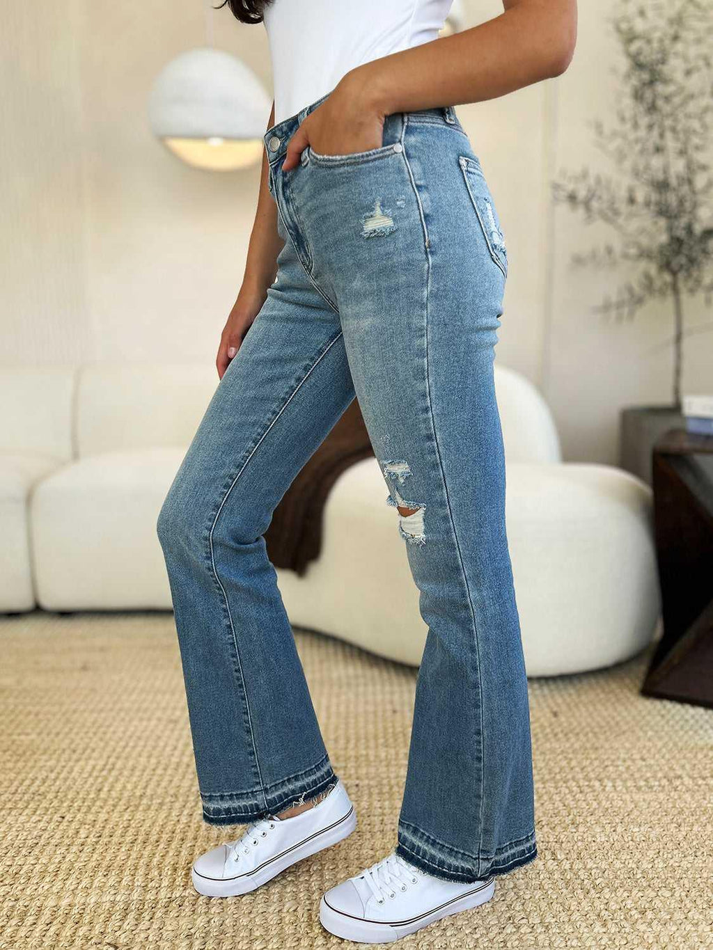 Judy Blue Full Size Mid Rise Destroyed Hem Distressed Jeans -- 