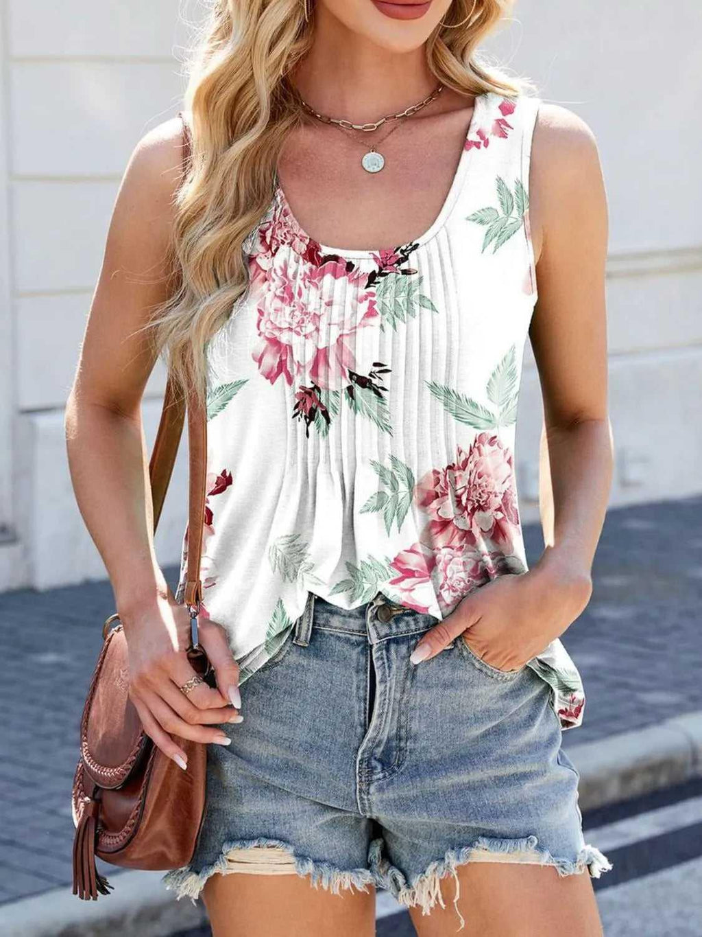 Printed Scoop Neck Wide Strap Tank -- 