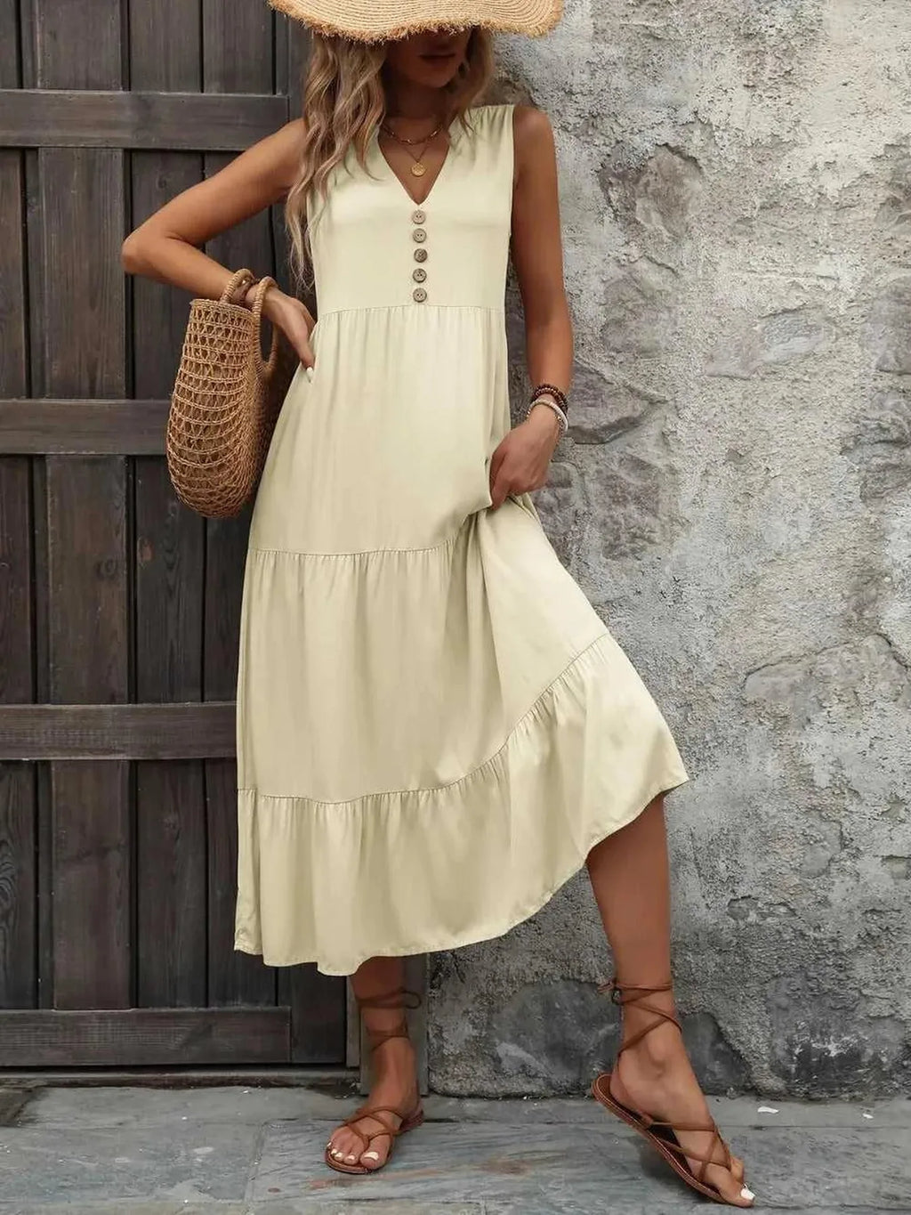 Ivy Lane Decorative Button Notched Sleeveless Dress -- 