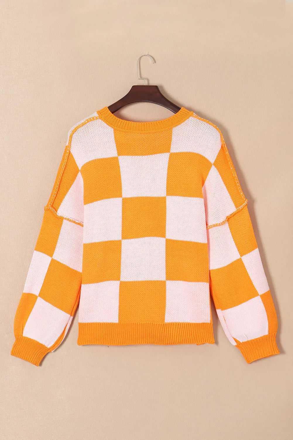 Pumpkin Checkered Round Neck Long Sleeve Sweater -- 