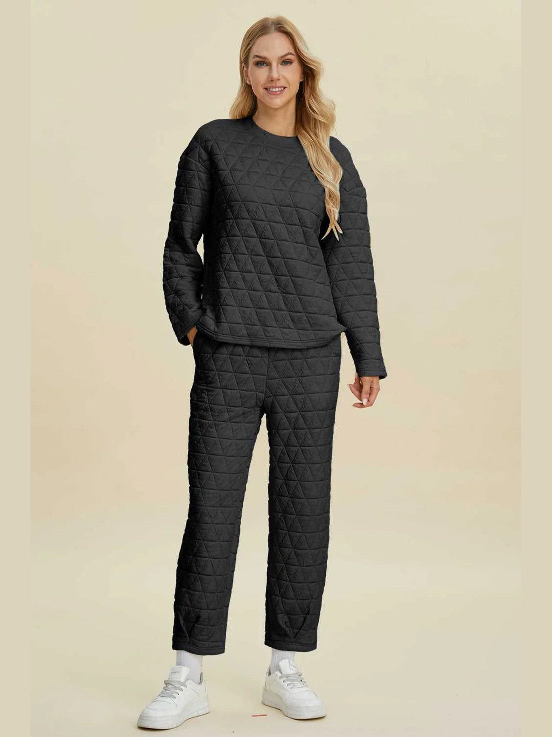 Double Take Full Size Texture Round Neck Long Sleeve Top and Pants Set -- 