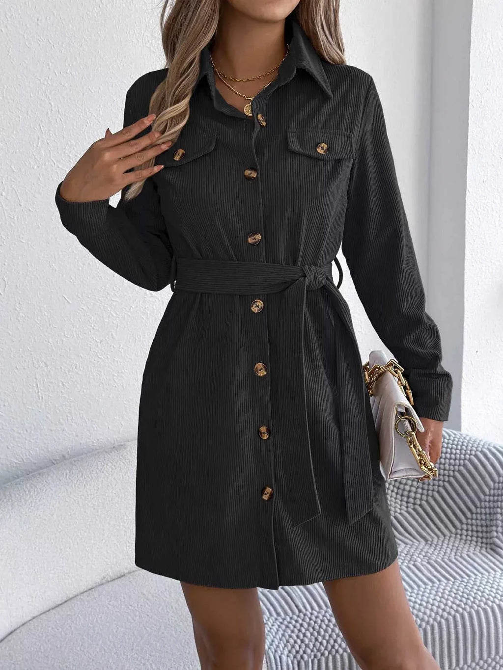 Button-Front Corduroy Shirt Dress -- 