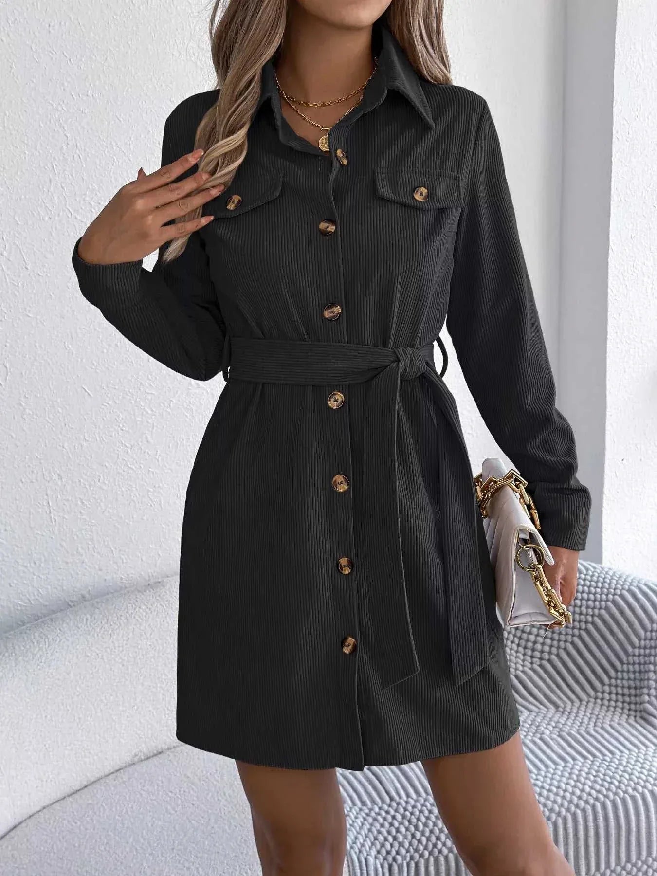 Button-Front Corduroy Shirt Dress -- 