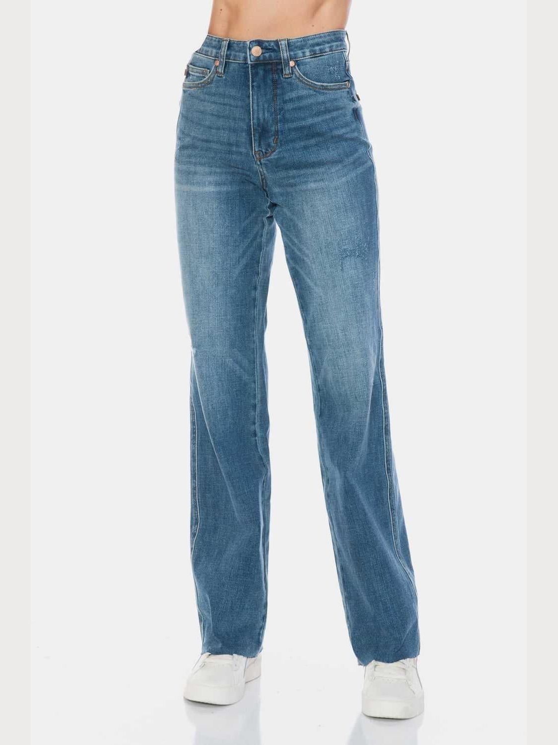 Judy Blue Full Size Tummy Control Cut Raw Hem Straight Jeans -- 
