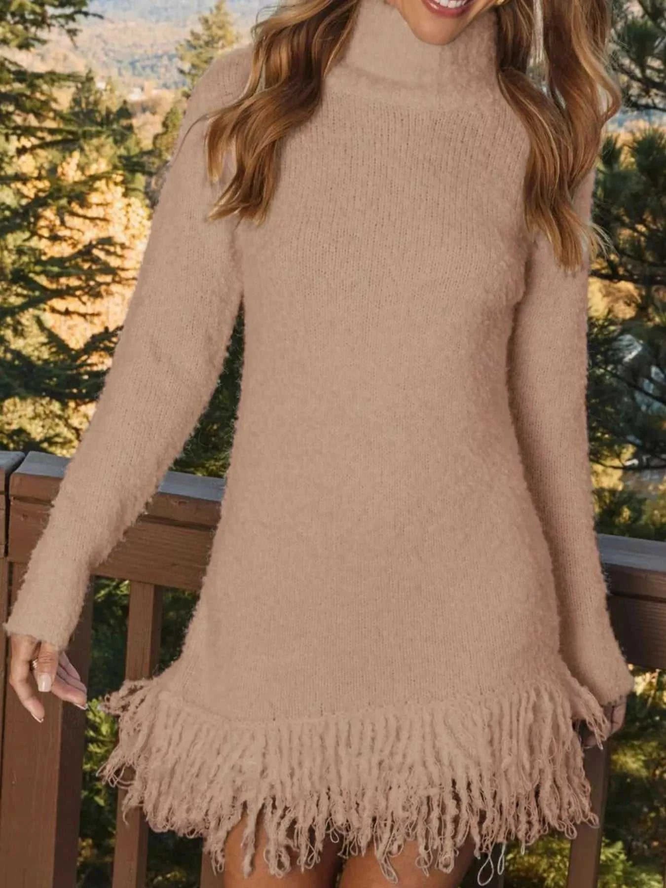 Fringe Turtleneck Long Sleeve Sweater Dress