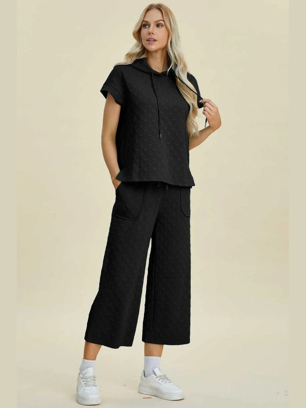 Double Take Full Size Texture Drawstring Short Sleeve Hoodie and Pocketed Pants Set -- 