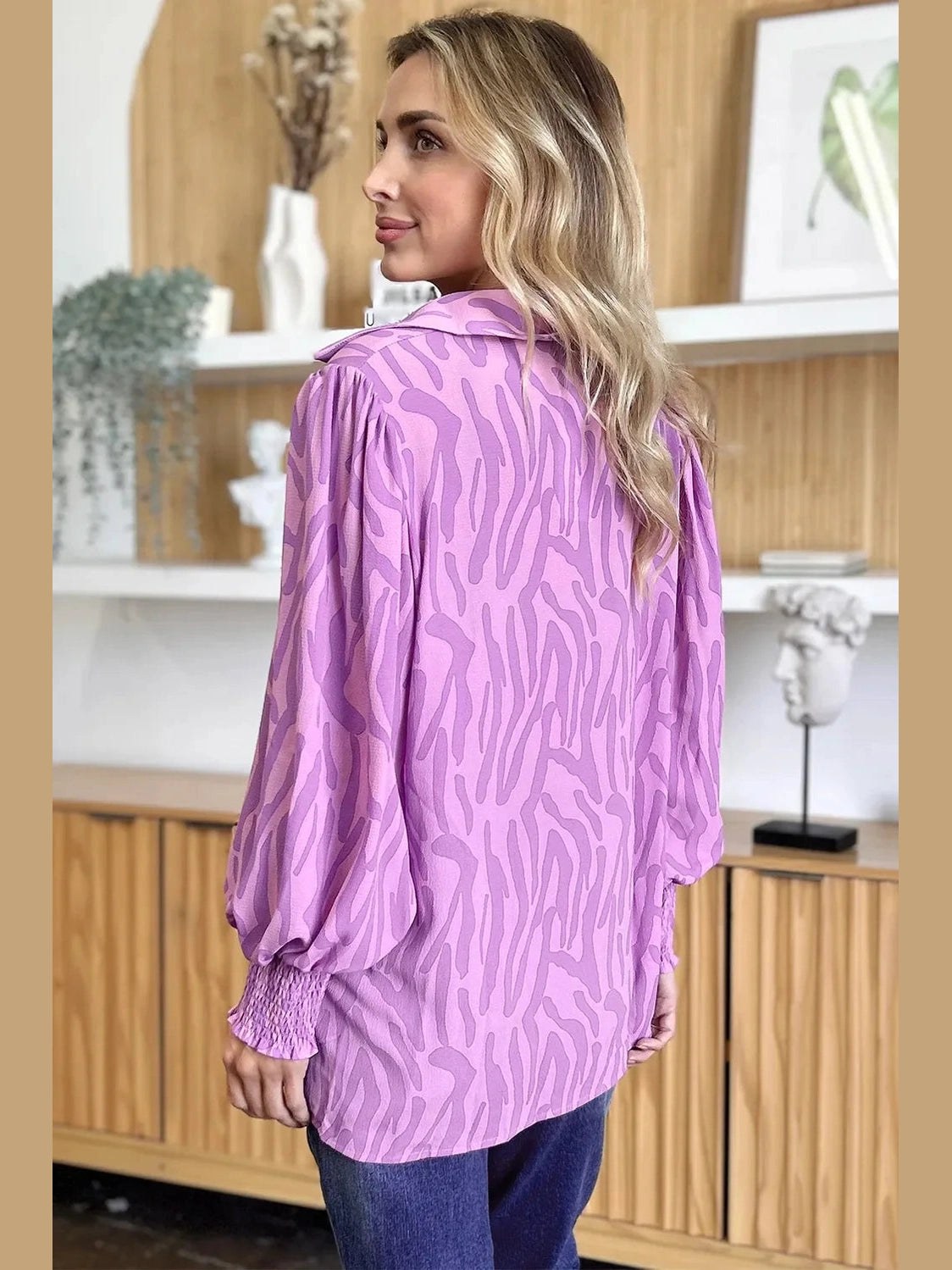 Double Take Full Size Printed Smocked Long Sleeve Blouse Plus Size -- 