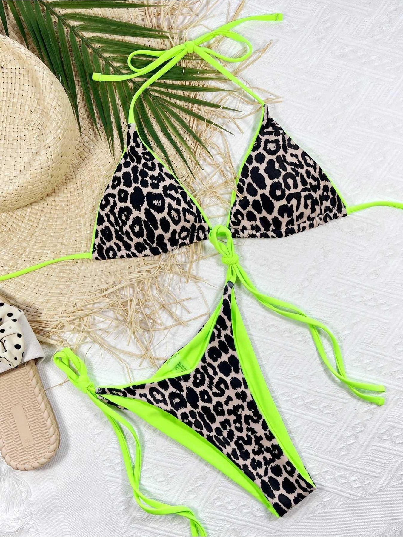 Leopard Print Halter Neck Tie Side Bikini Set -- 