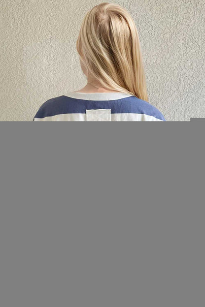 Oh Pima Cotton Wash Exposed Seam Contrast Striped Round Neck Long Sleeve T-Shirt