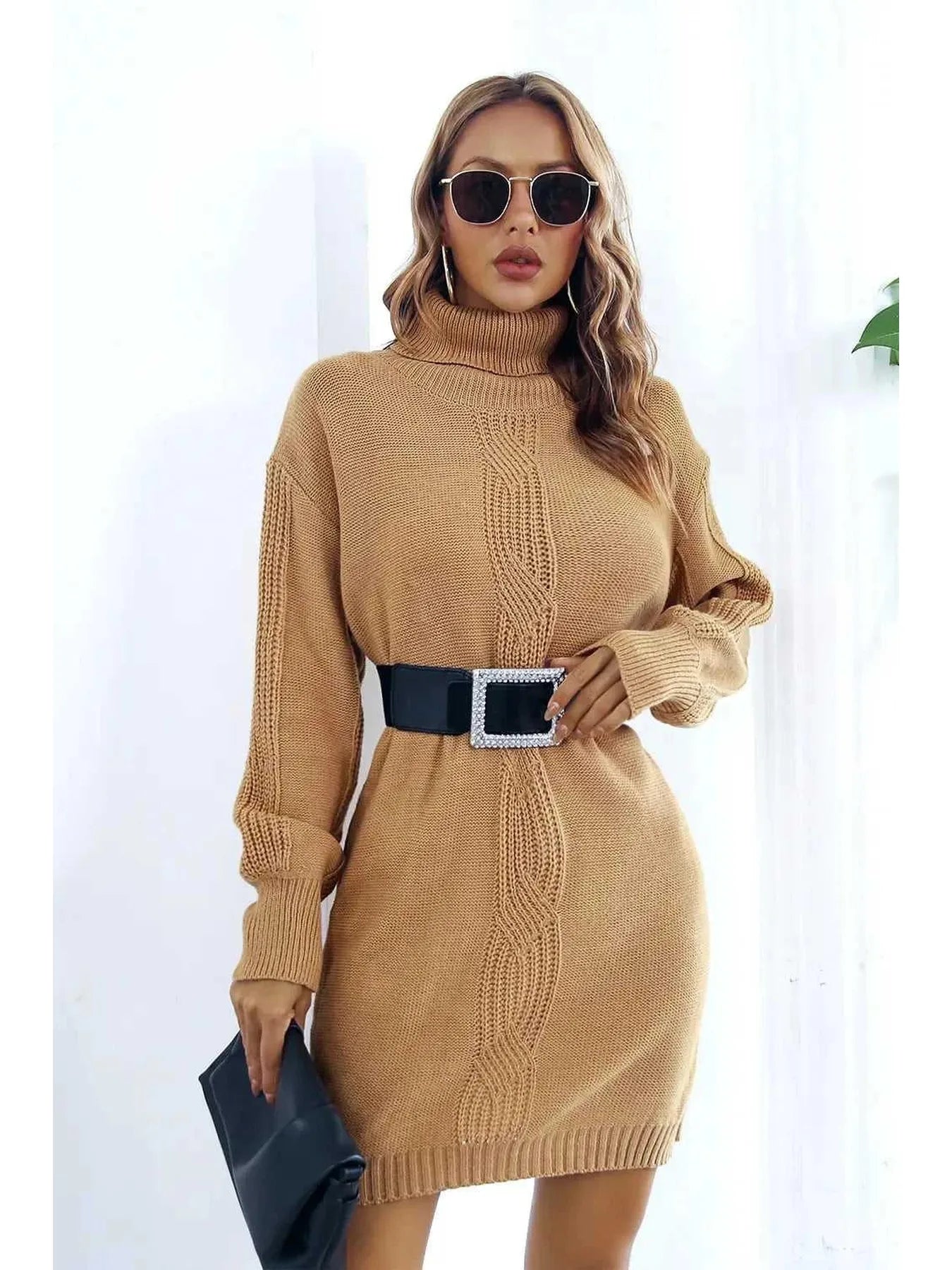 Openwork Turtleneck Long Sleeve Sweater Dress -- 