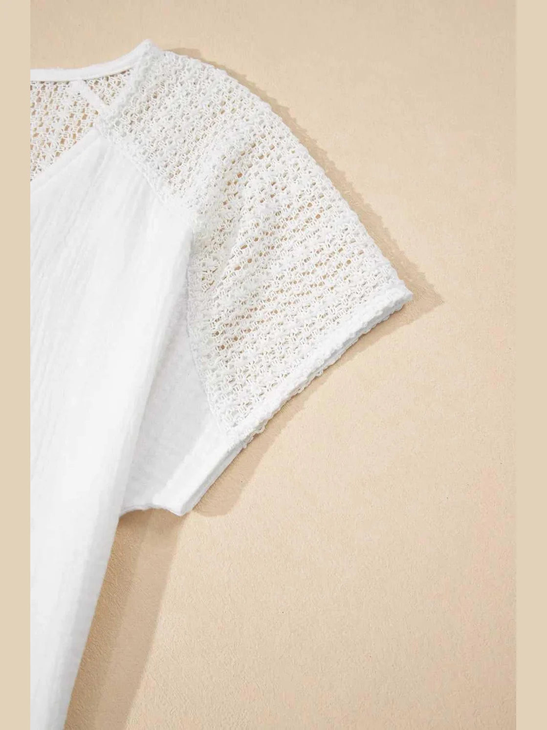 Lace Crochet Textured Button Back V Neck T Shirt -- 