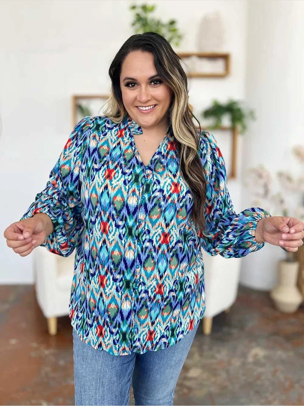 Double Take Full Size Printed Balloon Sleeve Blouse -- 