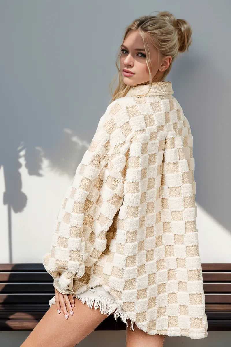 Double Take Button Up Fuzzy Checkered Shacket - Hopeford Streams