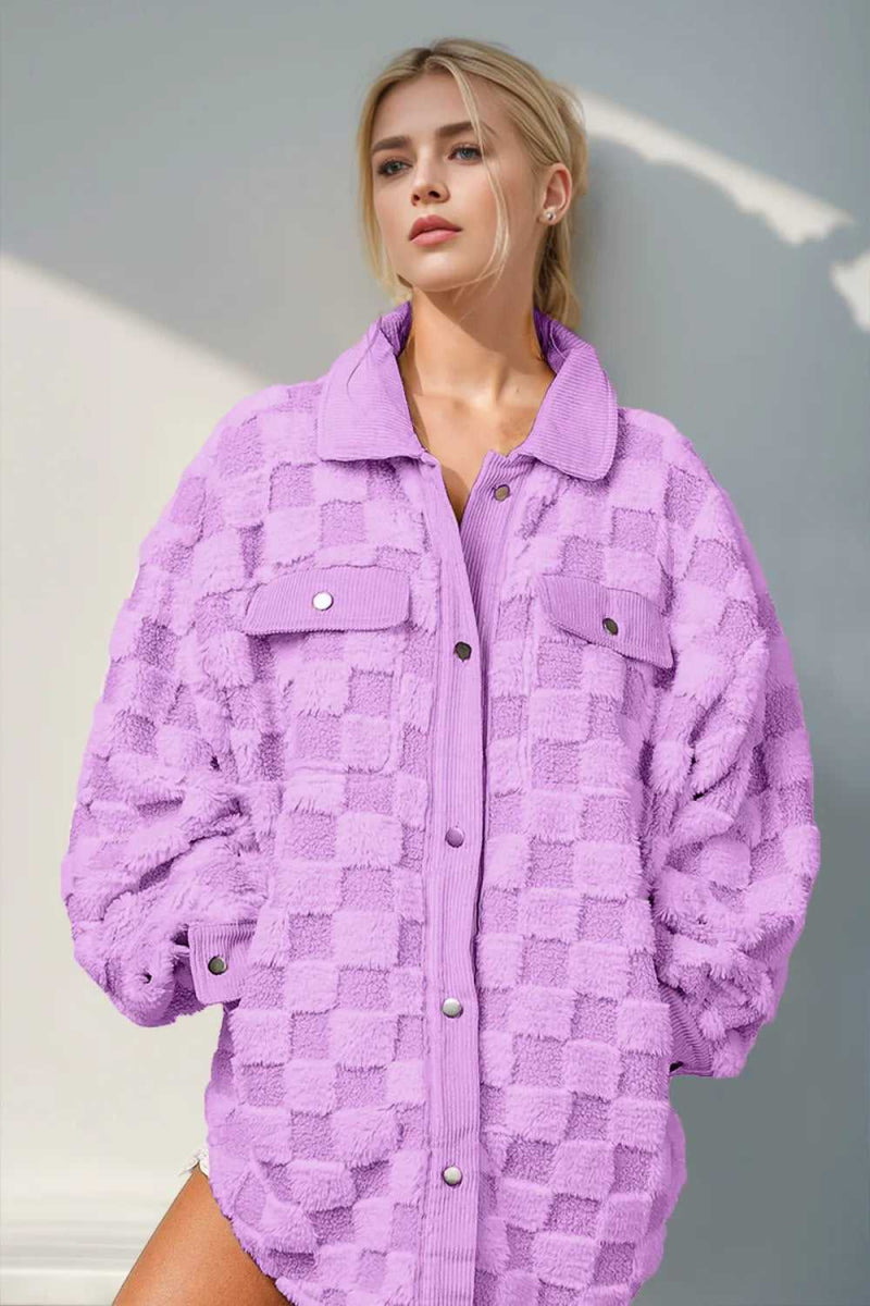 Double Take Button Up Fuzzy Checkered Shacket - Hopeford Streams