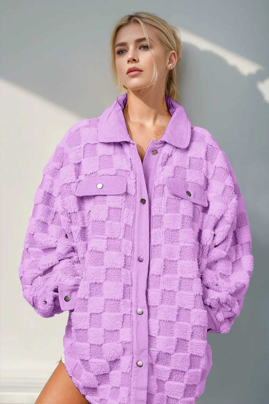 Double Take Button Up Fuzzy Checkered Shacket - Hopeford Streams