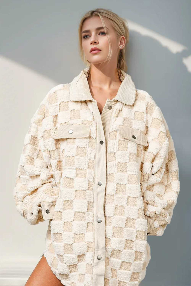 Double Take Button Up Fuzzy Checkered Shacket - Hopeford Streams