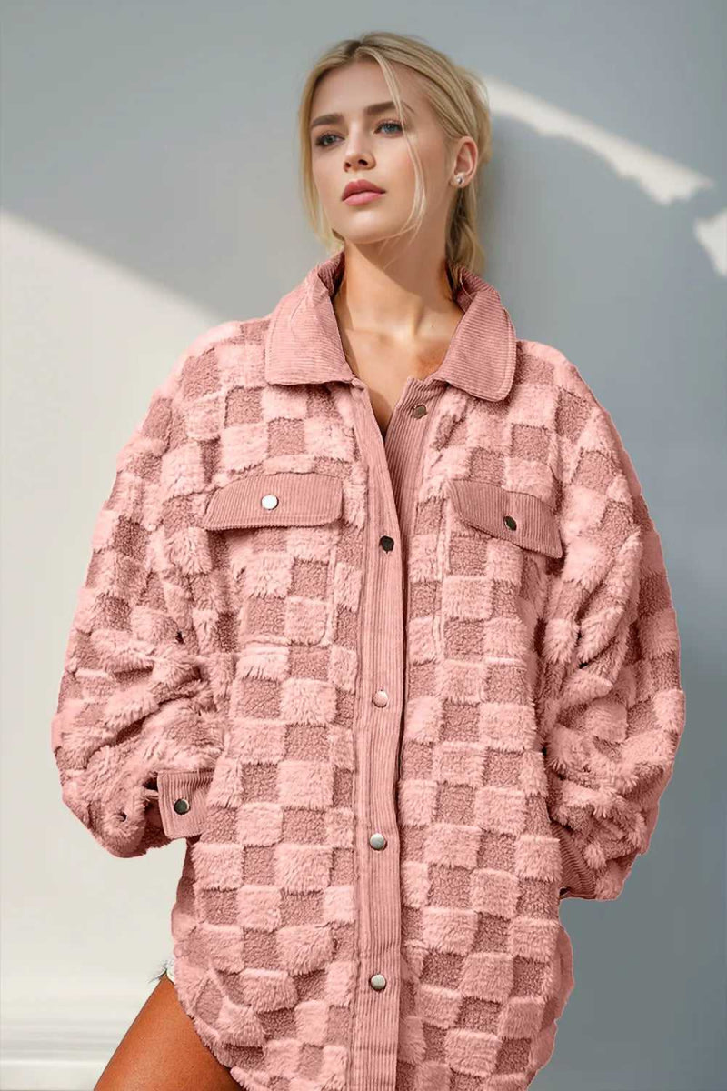 Double Take Button Up Fuzzy Checkered Shacket - Hopeford Streams