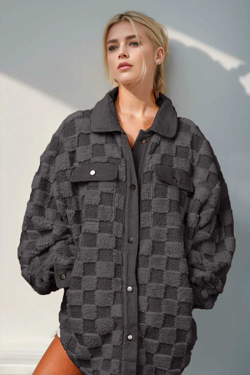 Double Take Button Up Fuzzy Checkered Shacket - Hopeford Streams