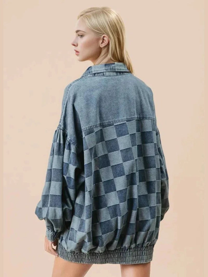 Double Take Checkered Button Up Denim Jacket -- 