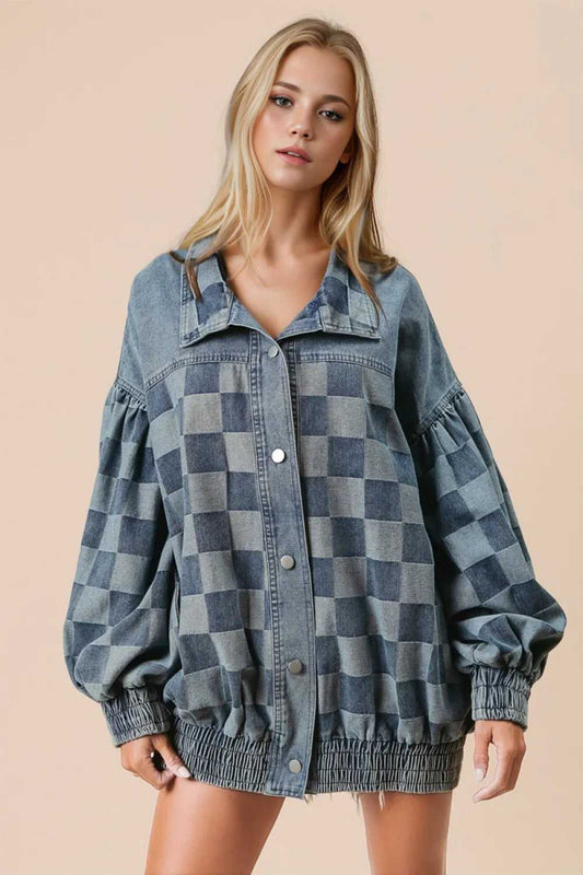 Double Take Checkered Button Up Denim Jacket - Hopeford Streams