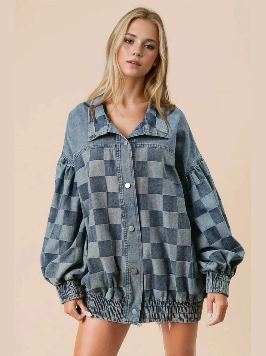 Double Take Checkered Button Up Denim Jacket -- 