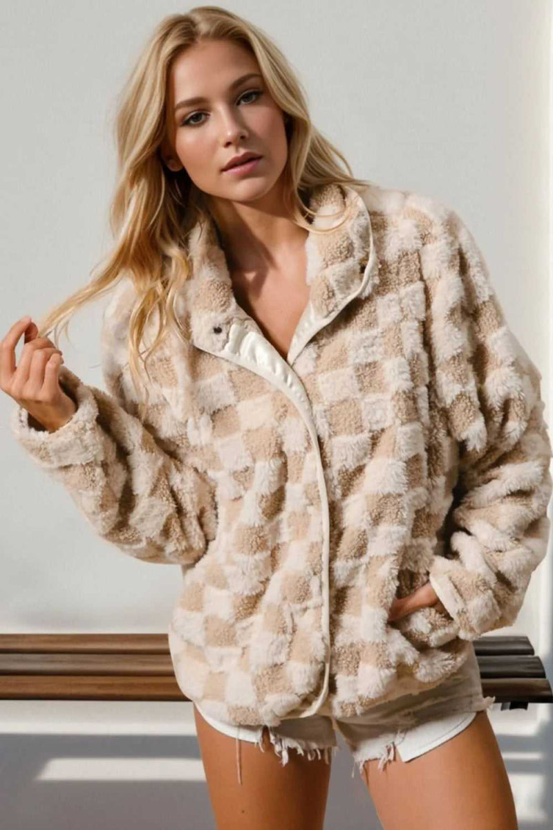 Double Take Checkered Long Sleeve Fuzzy Jacket - Hopeford Streams