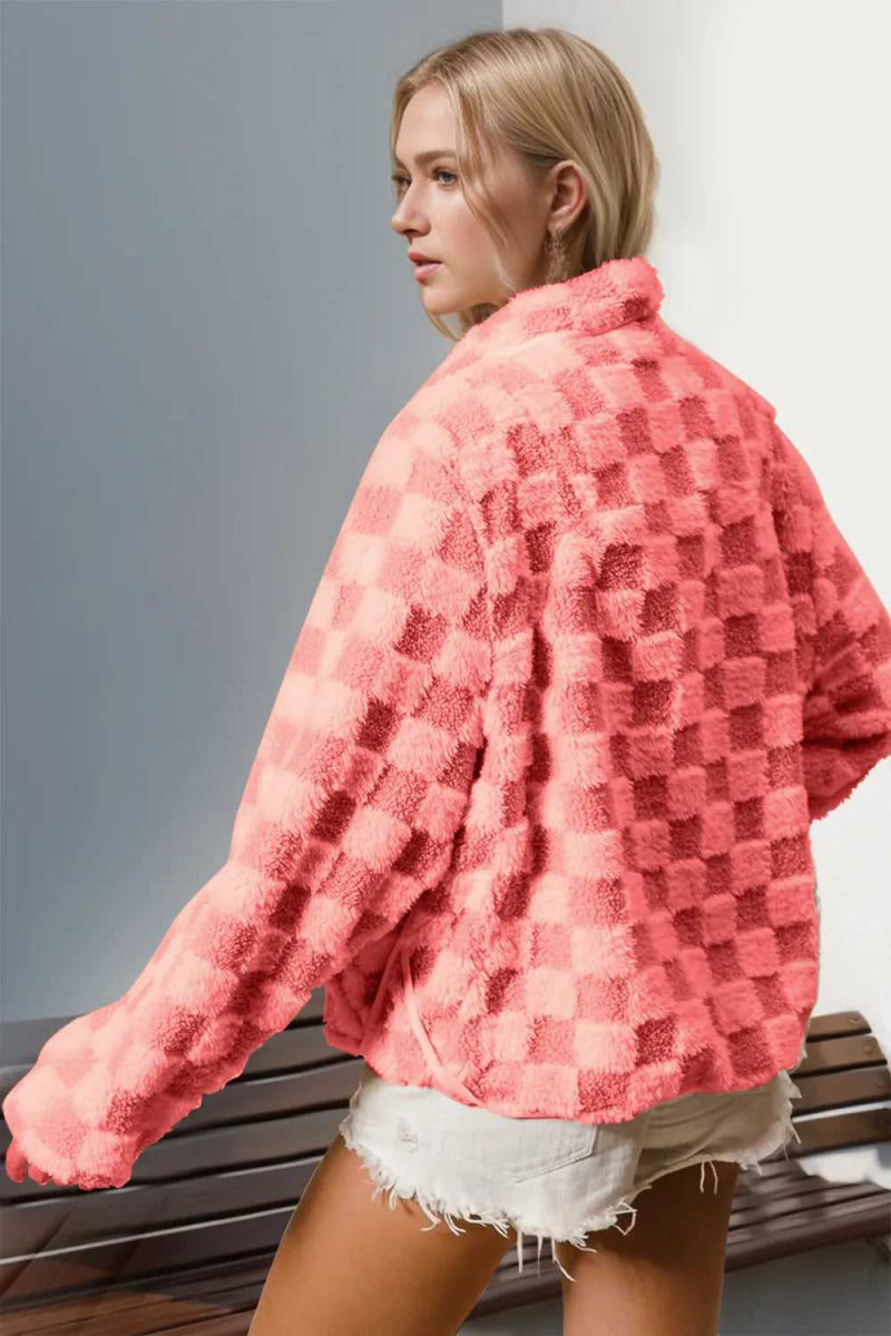 Double Take Checkered Long Sleeve Fuzzy Jacket - Hopeford Streams