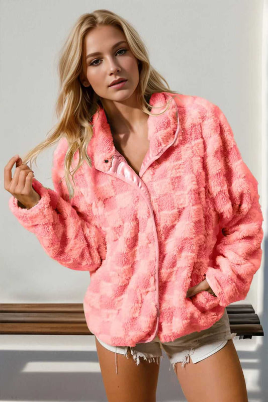 Double Take Checkered Long Sleeve Fuzzy Jacket - Hopeford Streams