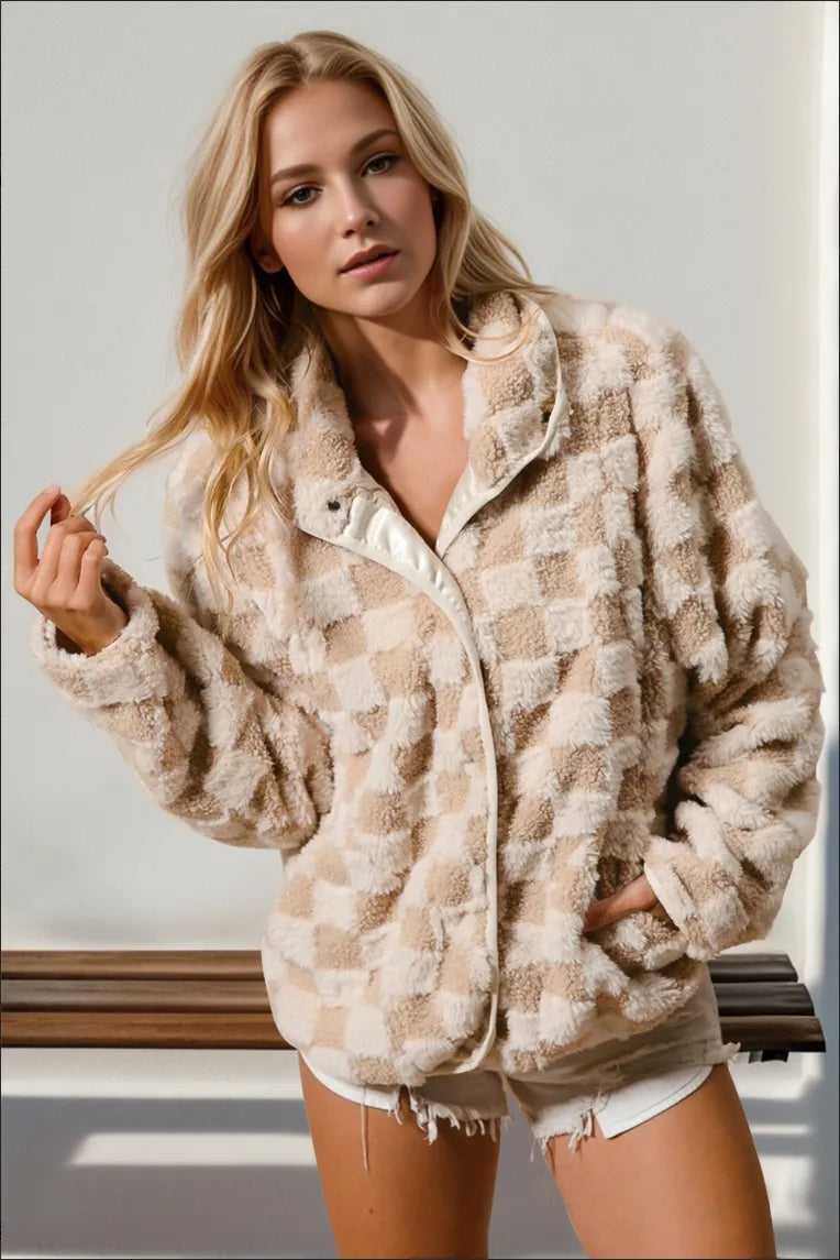 Double Take Checkered Long Sleeve Fuzzy Jacket - Hopeford Streams