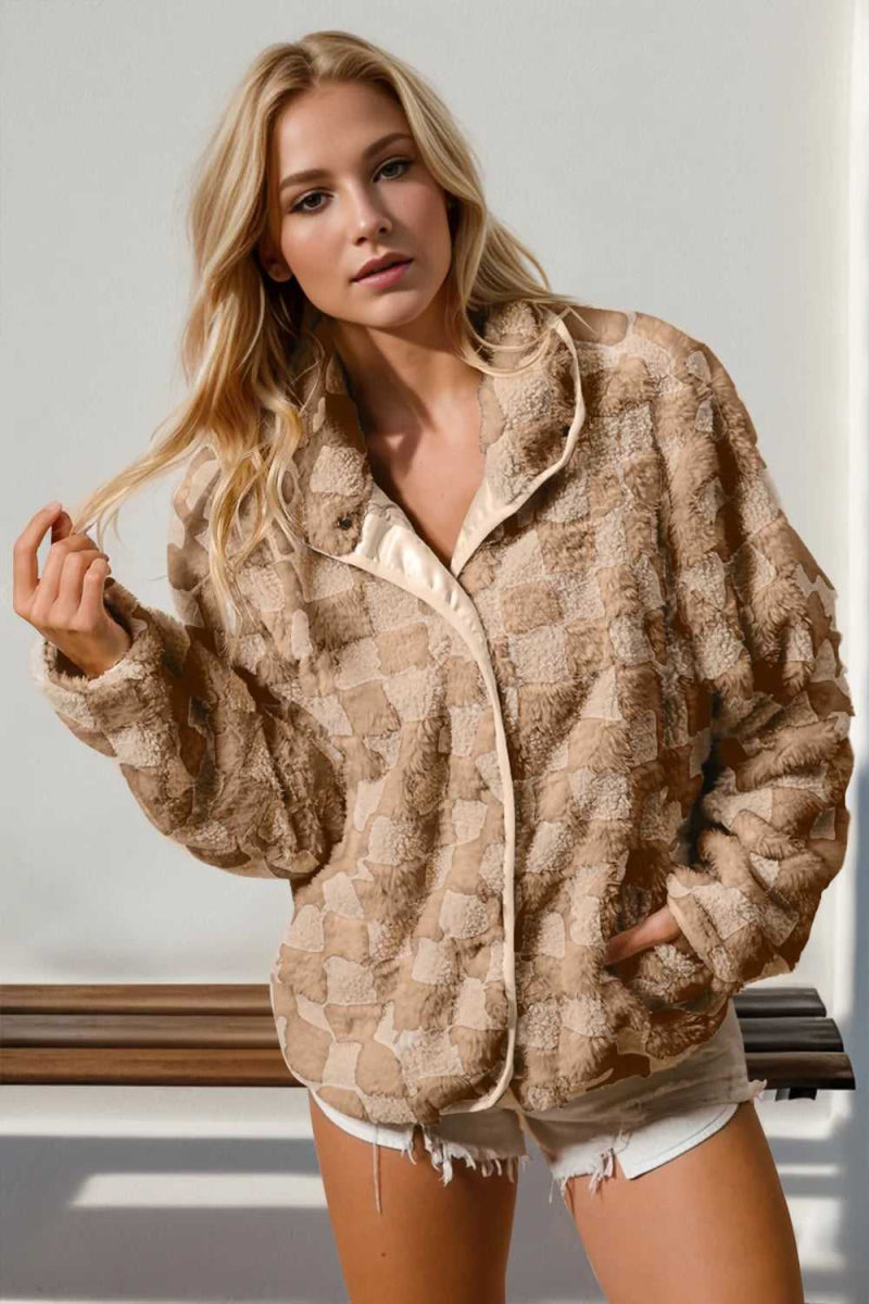 Double Take Checkered Long Sleeve Fuzzy Jacket - Hopeford Streams