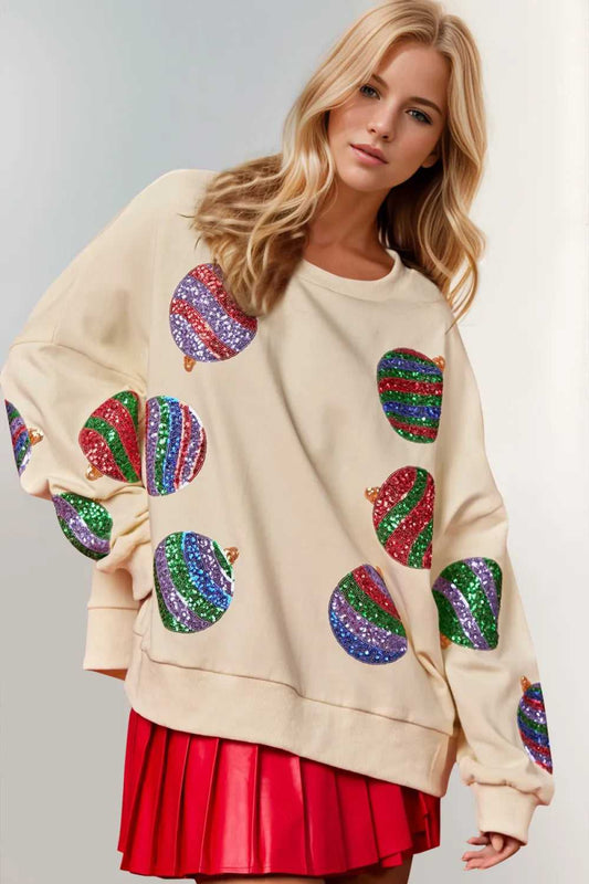 Double Take Christmas Element Sequin Round Neck Long Sleeve Sweatshirt - Hopeford Streams