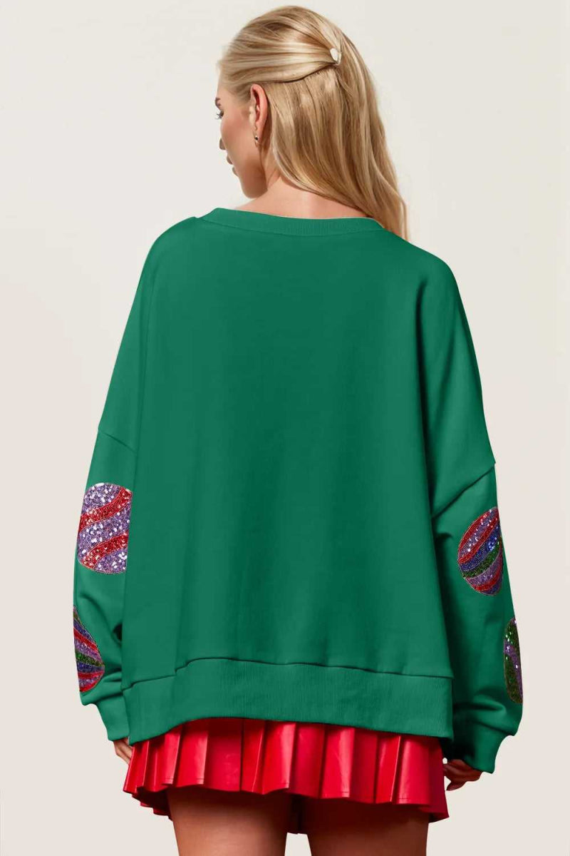 Double Take Christmas Element Sequin Round Neck Long Sleeve Sweatshirt - Hopeford Streams