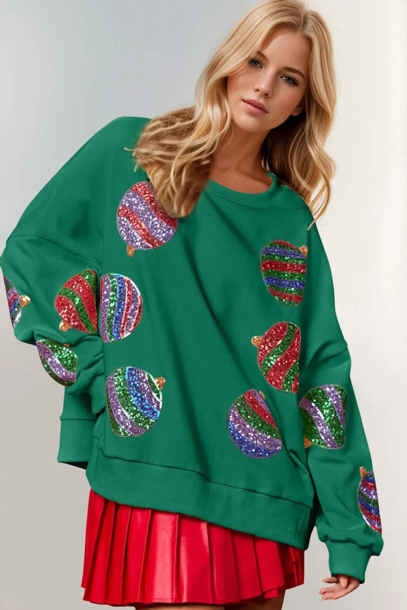 Double Take Christmas Element Sequin Round Neck Long Sleeve Sweatshirt - Hopeford Streams