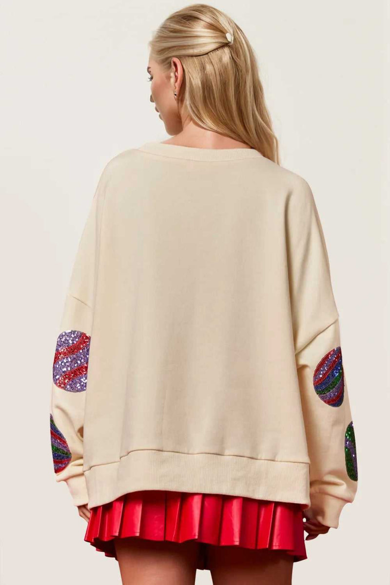 Double Take Christmas Element Sequin Round Neck Long Sleeve Sweatshirt - Hopeford Streams