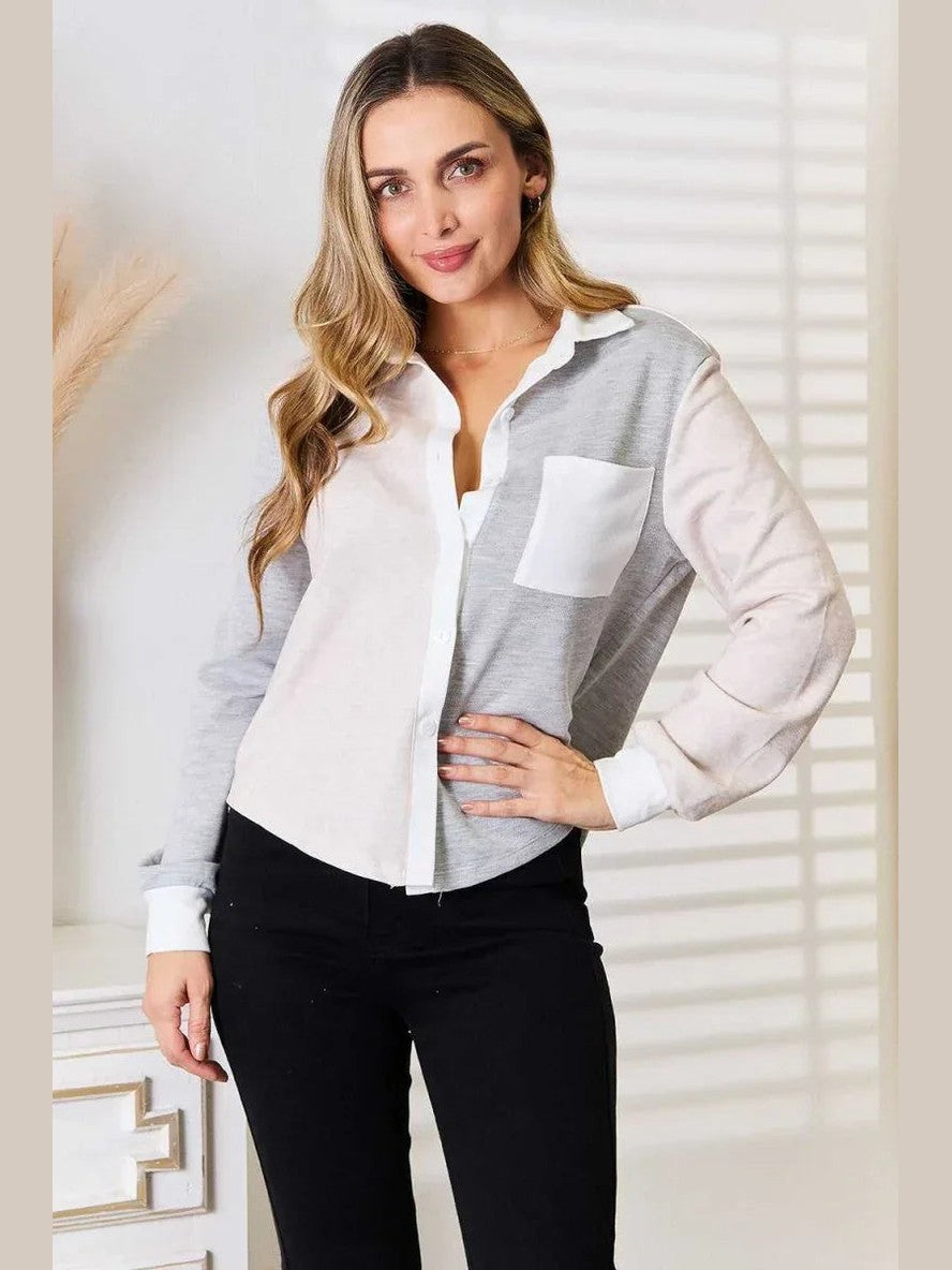 Double Take Color Block Curved Hem Shirt -- 