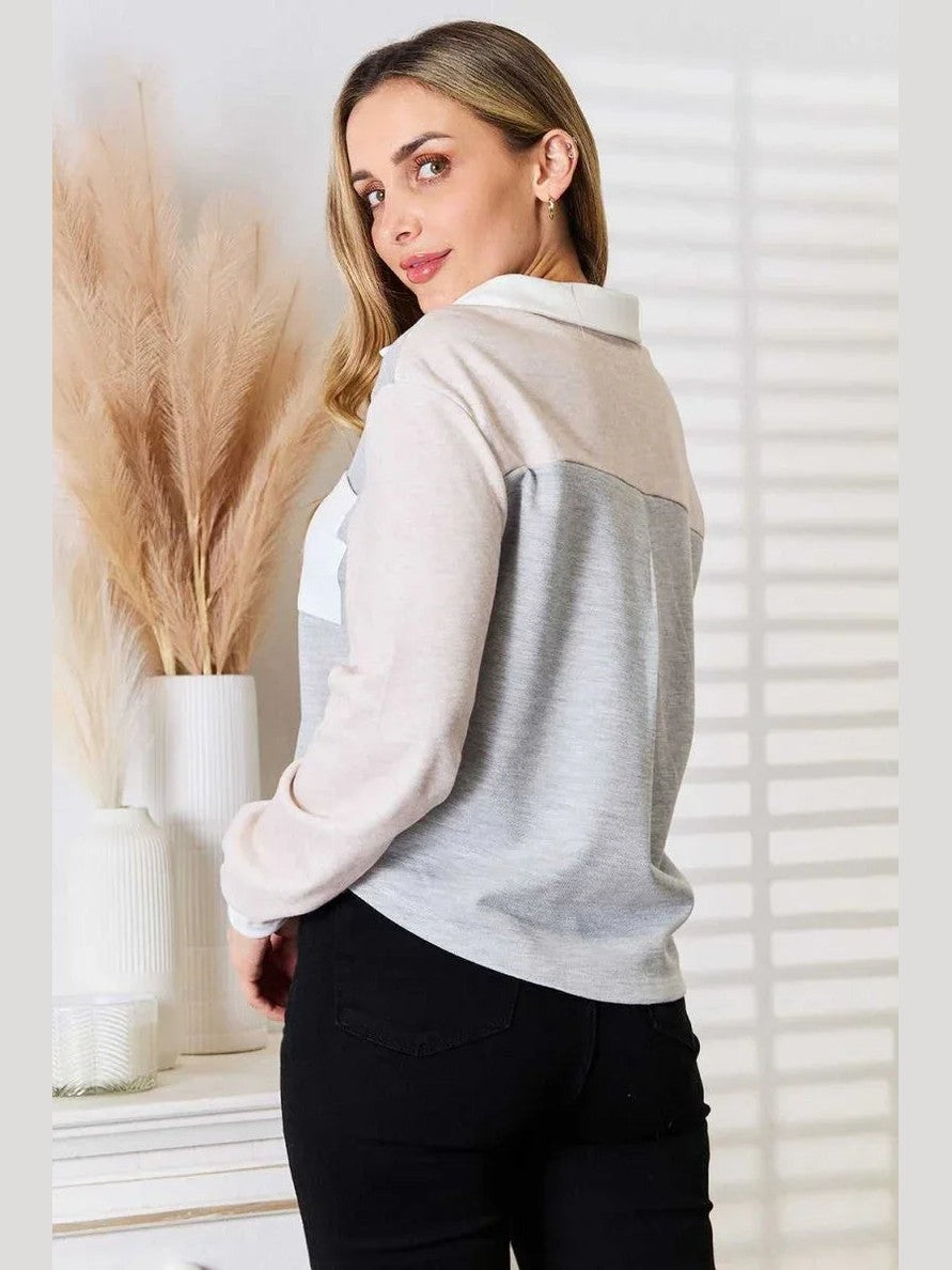 Double Take Color Block Curved Hem Shirt -- 