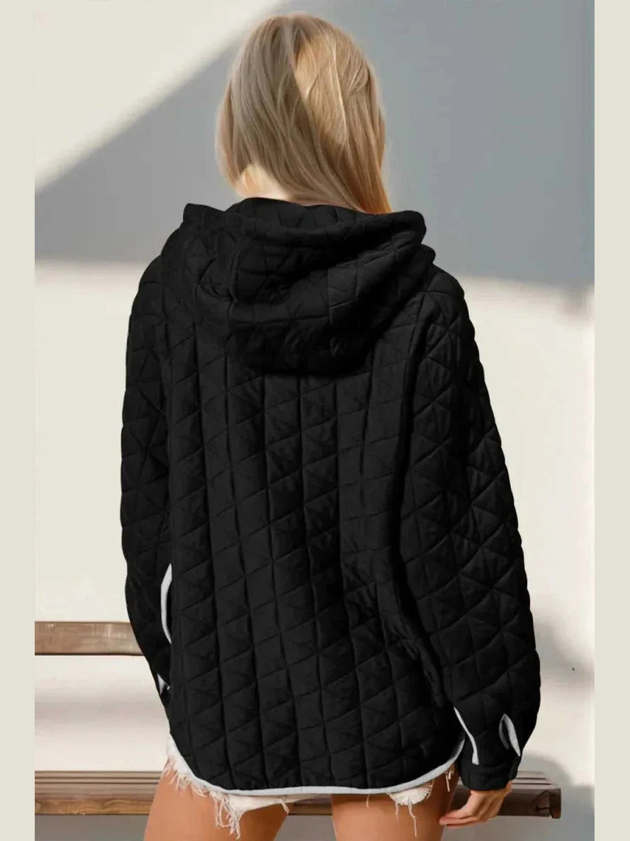 Double Take Contrast Trim Long Sleeve Half Snap Texture Hoodie with Pocket -- 