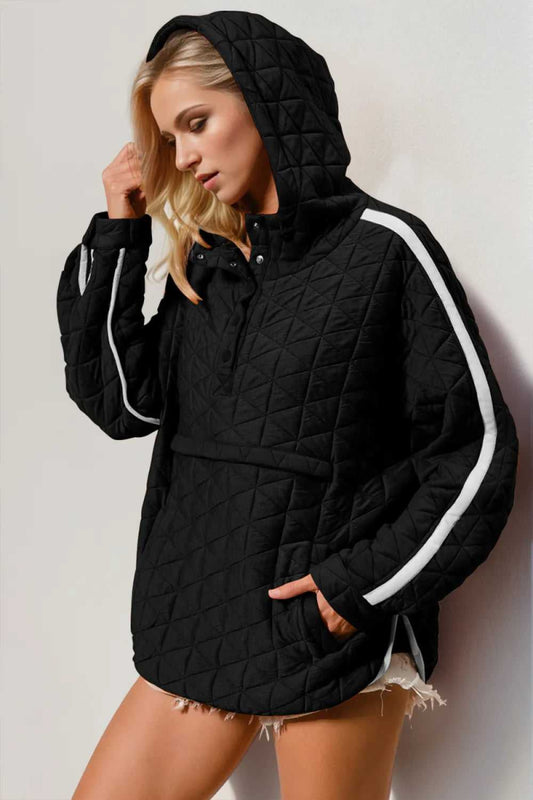 Double Take Contrast Trim Long Sleeve Half Snap Texture Hoodie with Pocket - Hopeford Streams