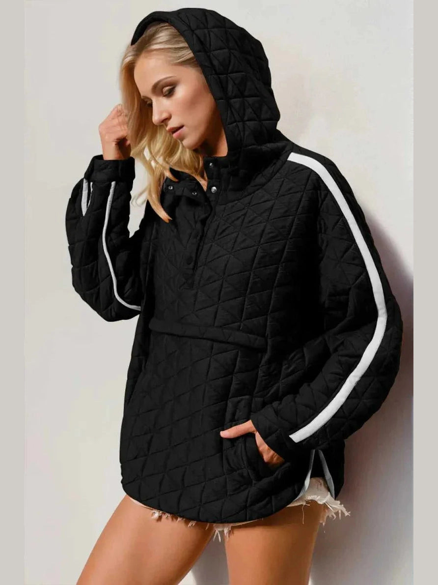 Double Take Contrast Trim Long Sleeve Half Snap Texture Hoodie with Pocket -- 